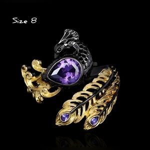 Black gunmetal silver Amethyst Peacock ring, 14k accents, Sz.8